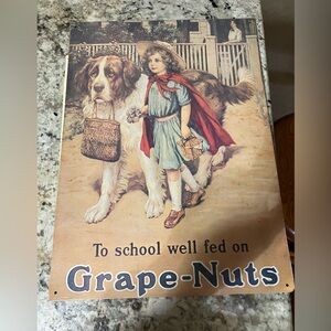 1991 Vintage Grape-Nuts Tin Sign To School well fed on Grape-Nuts Advertising
